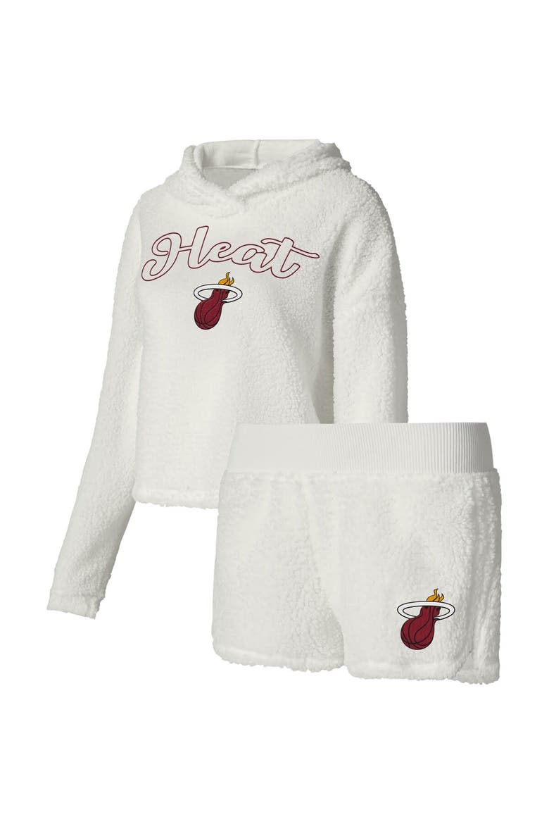 Women's College Concepts Cream Miami Heat Fluffy Long Sleeve Hoodie T-Shirt & Shorts Sleep Set, Main, color, White