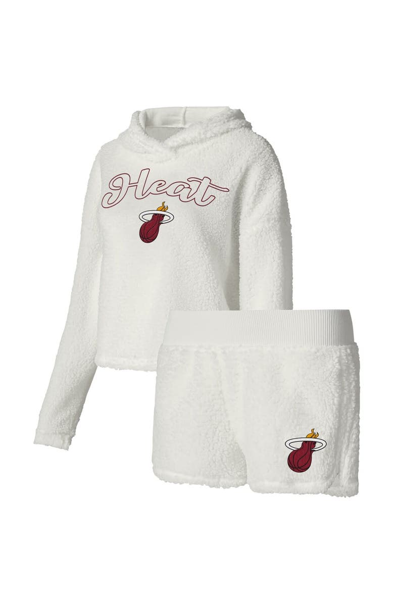College Concepts Women's College Concepts Cream Miami Heat Fluffy Long Sleeve Hoodie T-Shirt & Shorts Sleep Set, Main, color, White