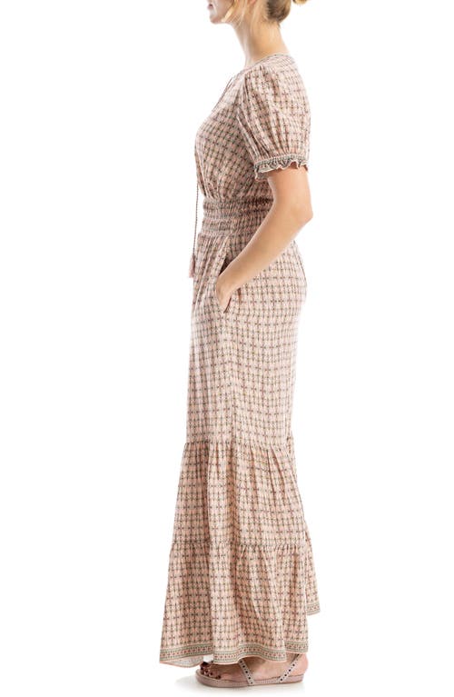 Max Studio Short Sleeve Tiered Maxi Dress In Blush Geo Tulip Grid