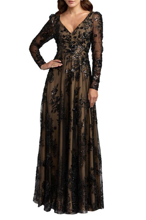 Floral Embroidered V-Neck Long Sleeve Gown