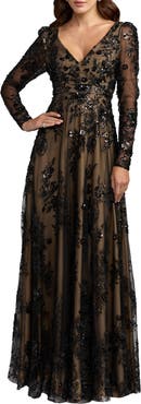 Mac Duggal Floral Embroidered V-Neck Long Sleeve Gown