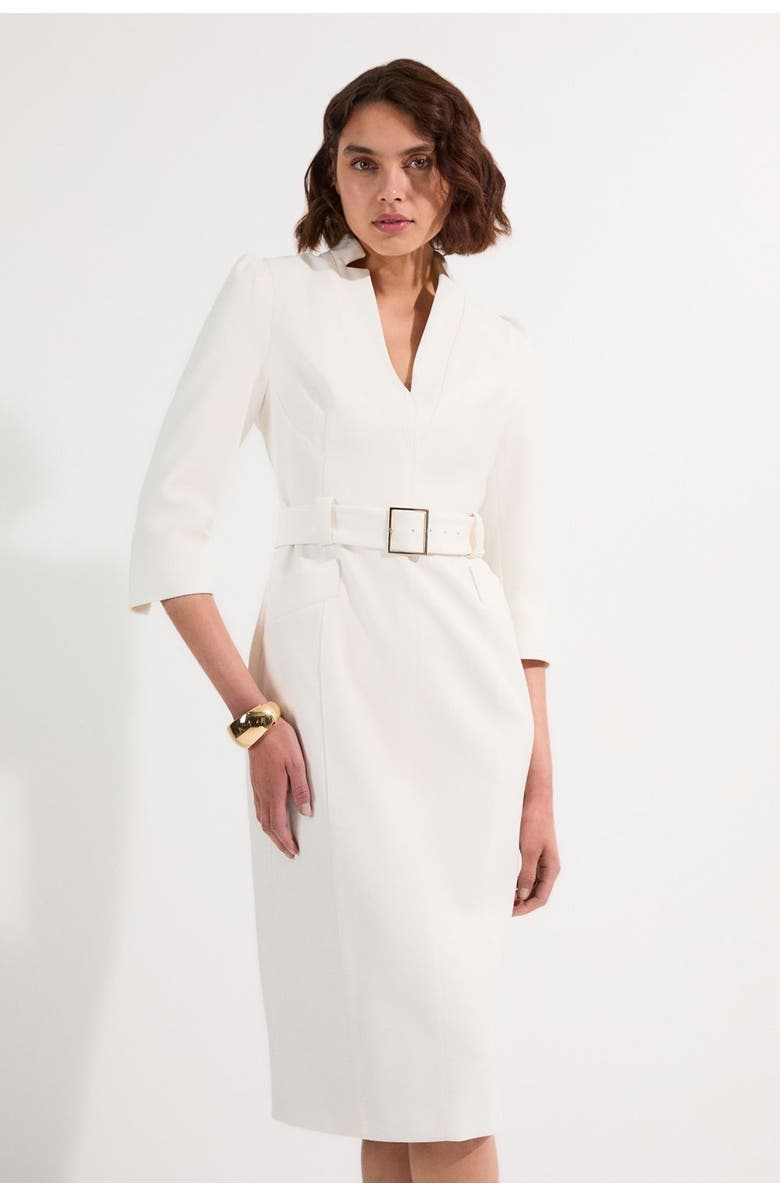 Karen Millen 3/4 Sleeve Belted Midi Dress, Main, color, Ivory