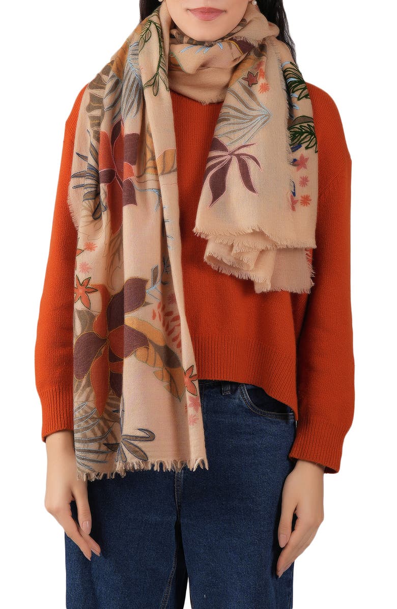 Vismaya Embroidered Wool Fringe Scarf, Main, color, Champagne