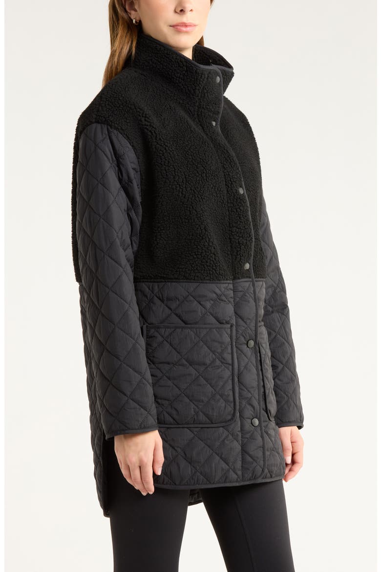 Faux Shearling Hybrid Quilted Long Jacket, Alternate, color, BLACK