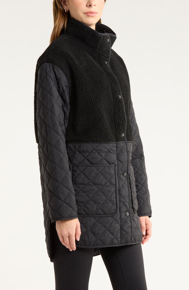 Zella Faux Shearling Trim Quilted Long Jacket, Alternate, color, Black