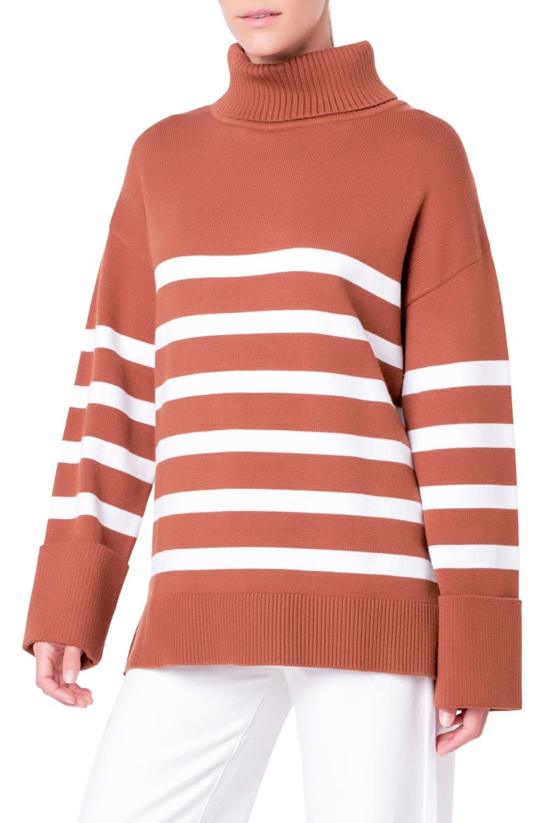 Stripe Turtleneck Sweater, Alternate, color, CAMEL/WHITE