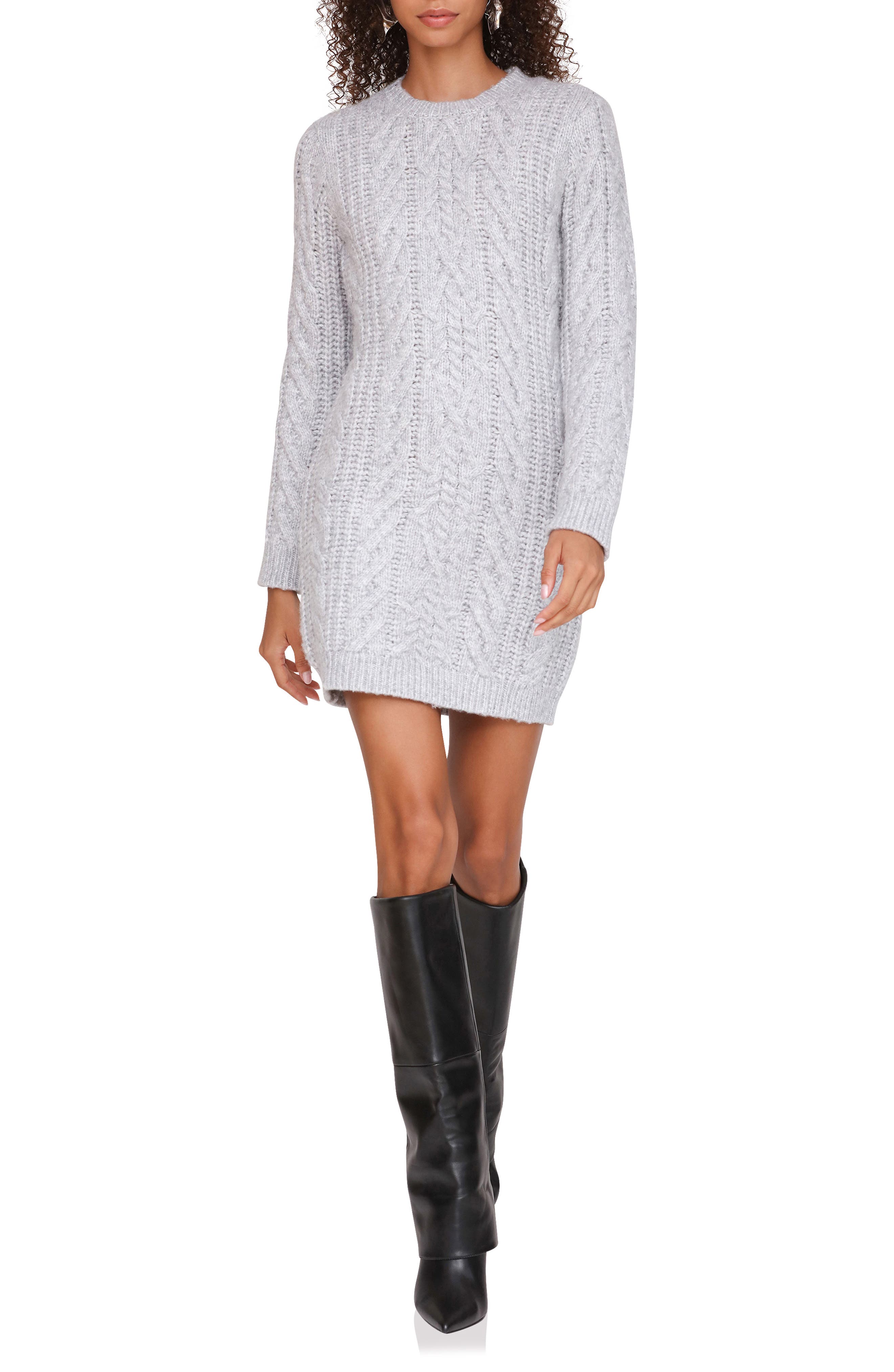 Avec Les Filles Long Sleeve Cable Stitch Mini Sweater Dress