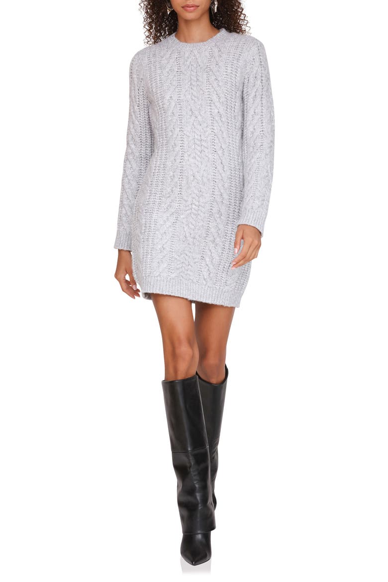 Long Sleeve Cable Stitch Mini Sweater Dress, Main, color, SILVER