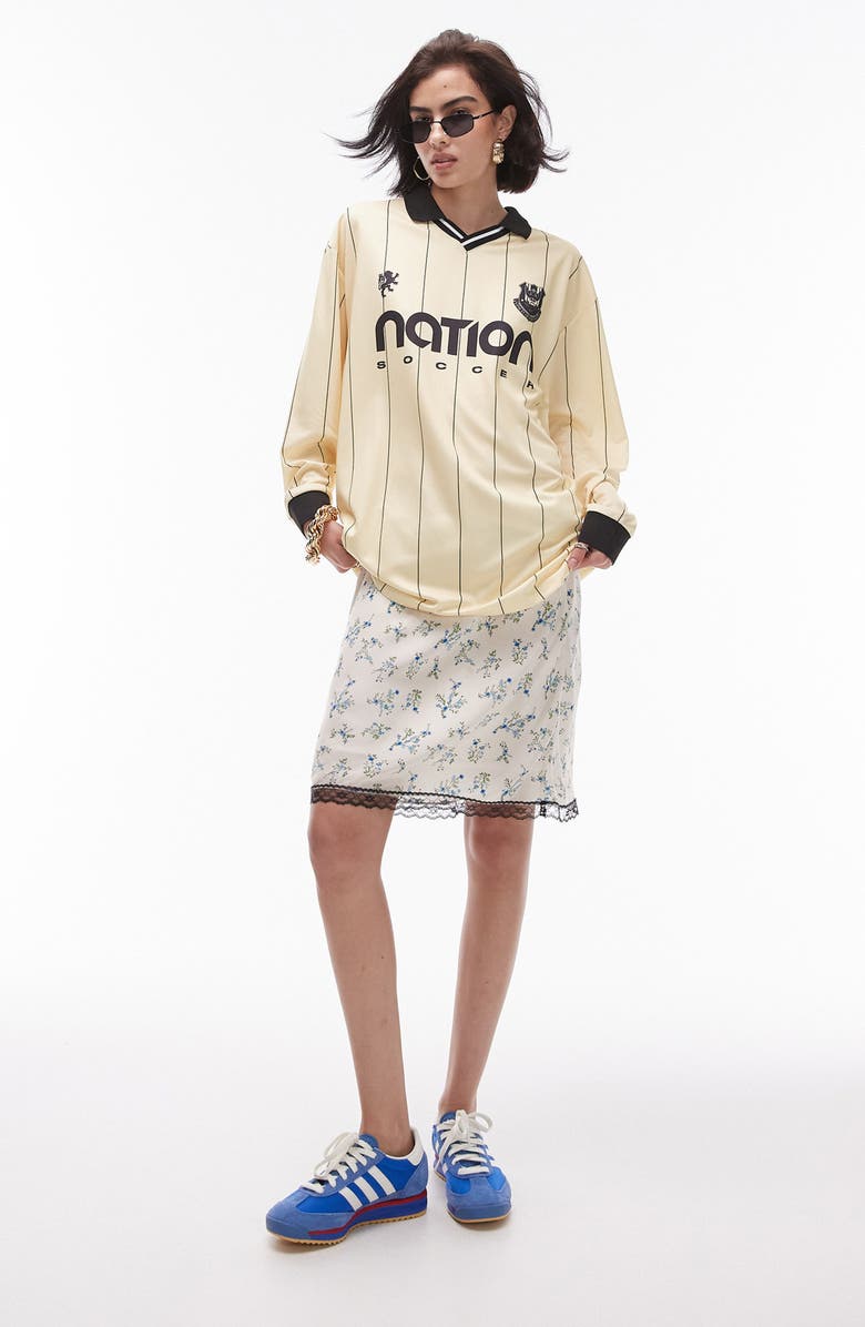 Topshop Stripe Soccer Long Sleeve Johnny Collar Graphic Polo, Alternate, color, 