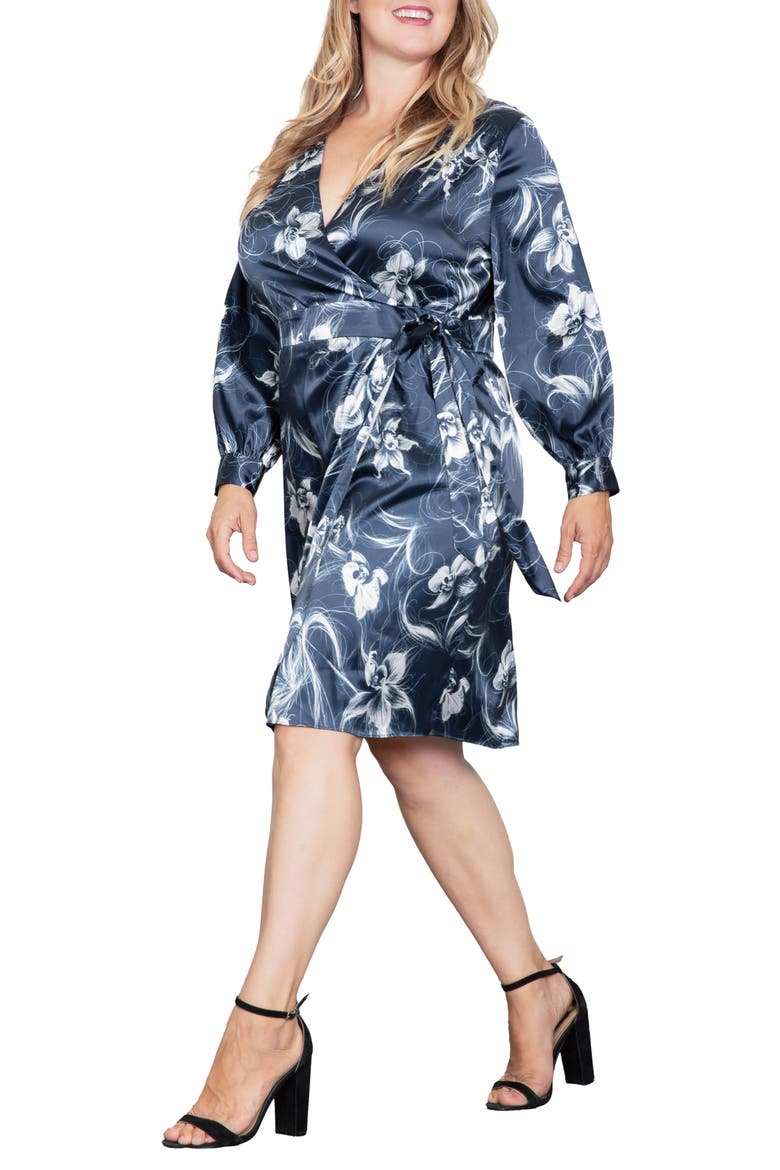 Floral Print Long Sleeve Faux Wrap Satin Dress, Alternate, color, NAVY ORCHID