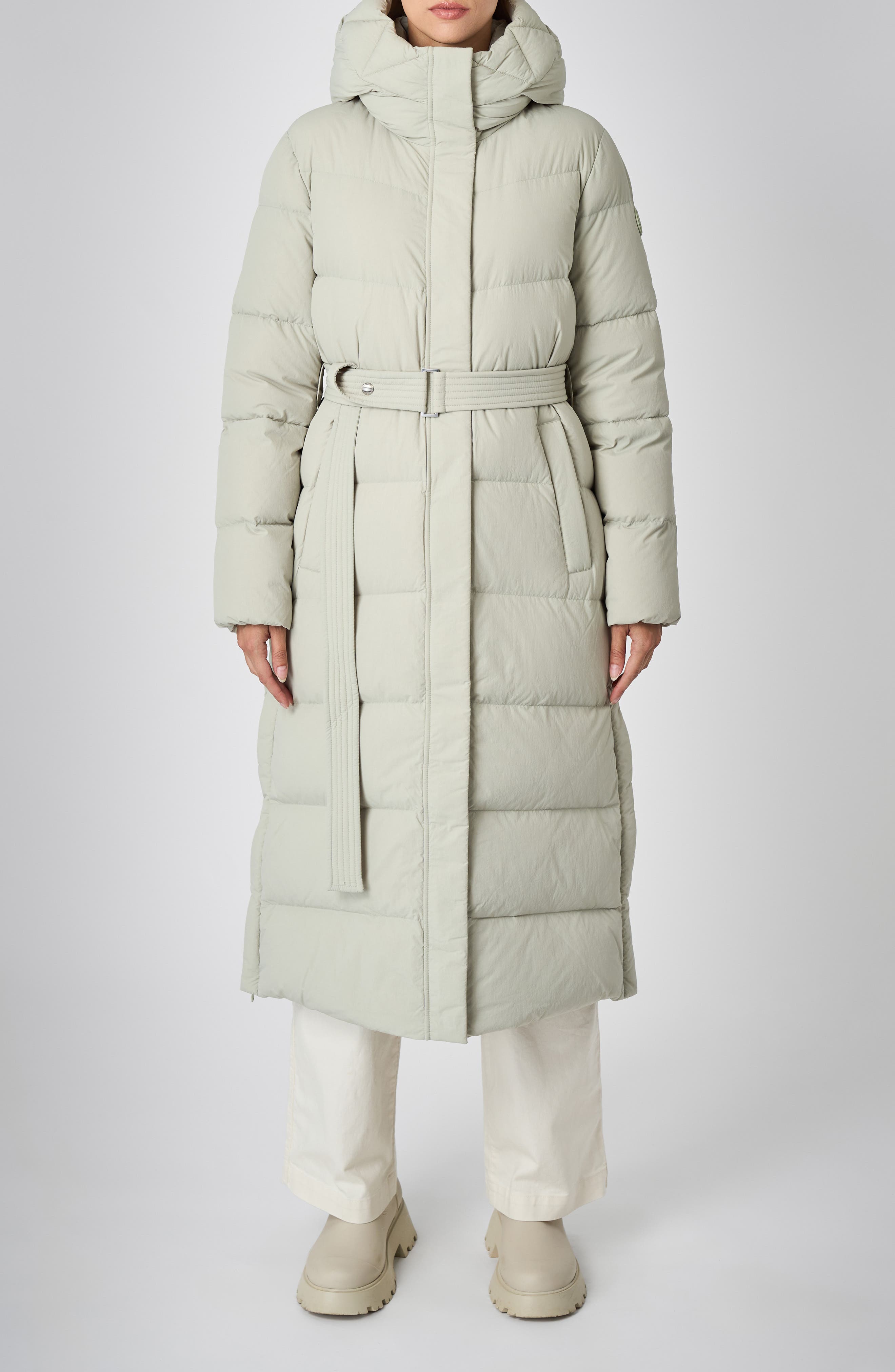 The Recycled Planet Company Vada Belted Water Repellent Puffer Coat in Desert Sage 