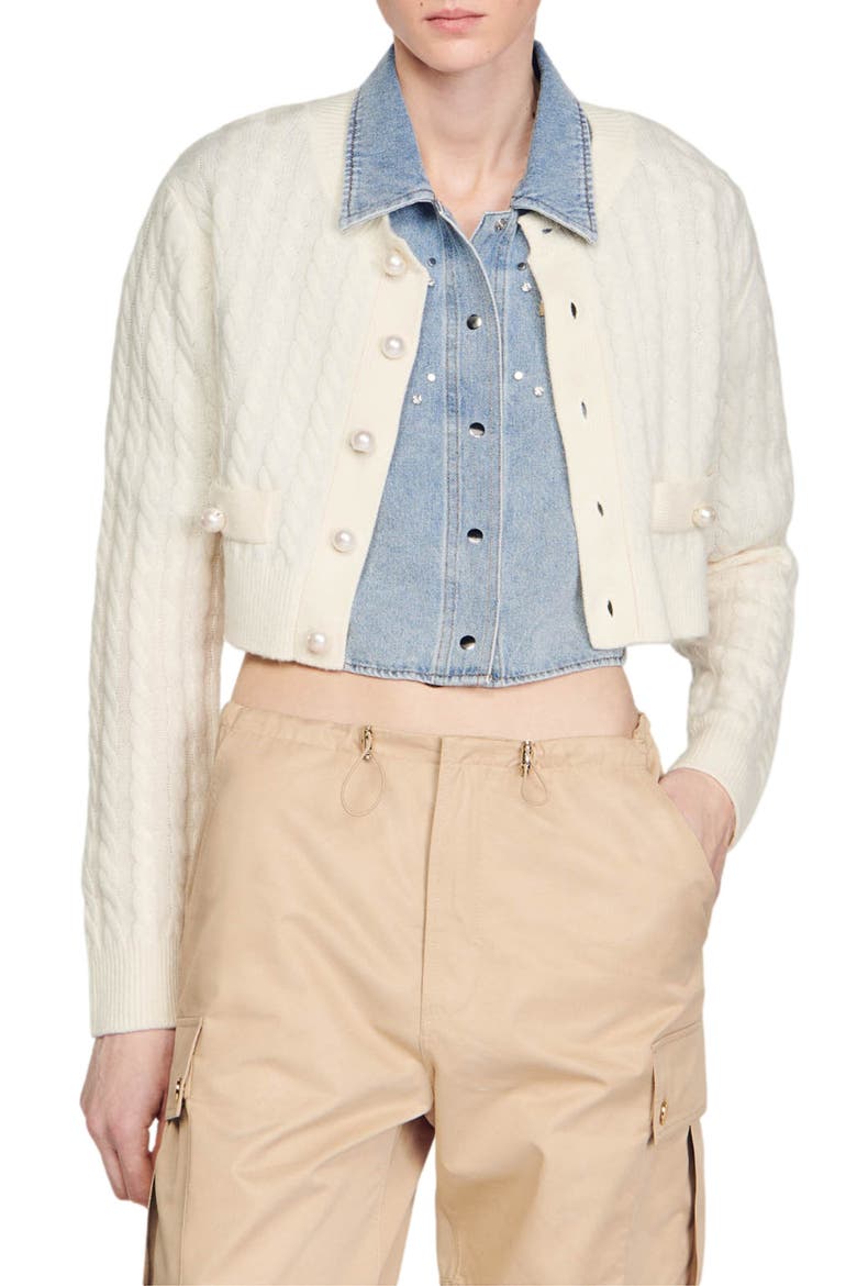 Elina Cable Stitch Wool Blend Crop Cardigan, Alternate, color, ECRU