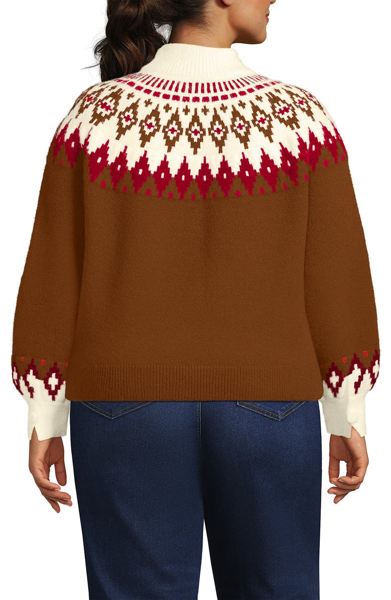 Lands' End Fuzzy Turtleneck Lantern Sleeve Jacquard Sweater, Alternate, color, Rich Ginger Brown Fairisle