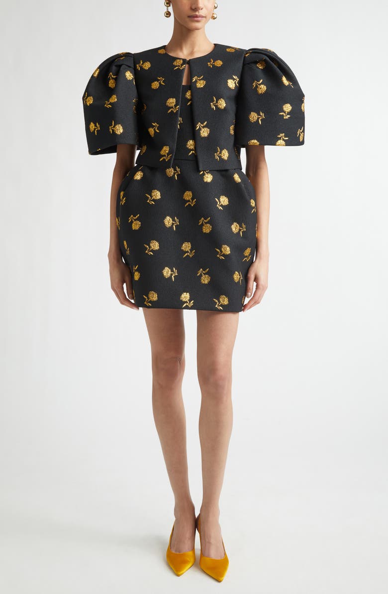 Carolina Herrera Carnation Jacquard Bell Sleeve Crop Jacket, Alternate, color, Black Multi