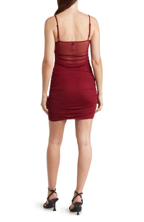 Jump Apparel Mesh Shirred Minidress In Burgundy