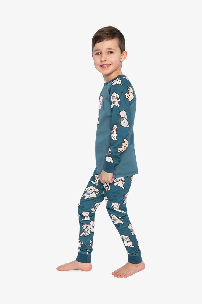 Dog Organic Cotton Top Pants Two Piece Pajama Set, Alternate, color, Turquoise Printed Dogs