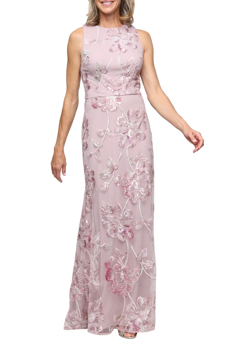 Alex Evenings Sequin Embroidered Mesh Column Gown, Main, color, Blush