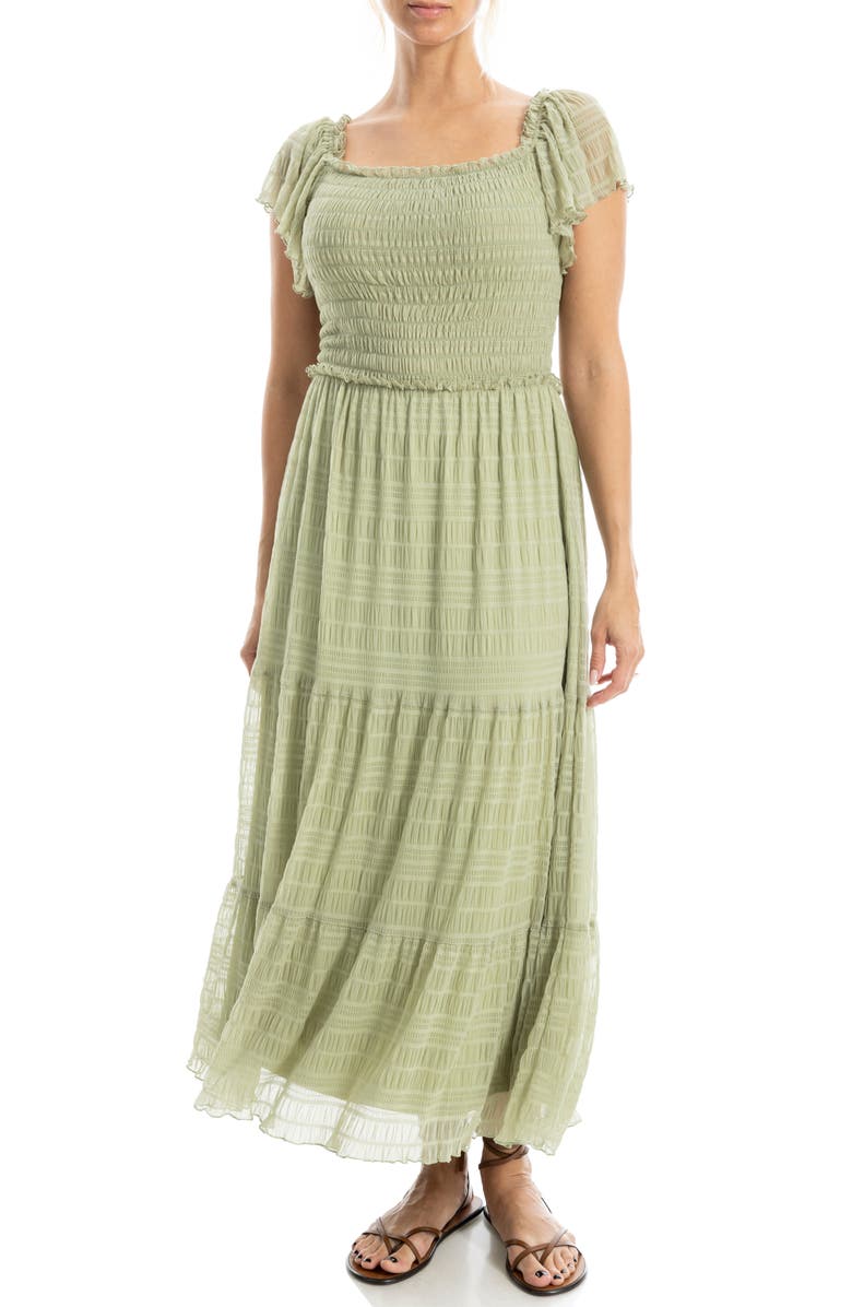 MAX STUDIO Flutter Sleeve Smocked Mesh Midi Dress, Alternate, color,
