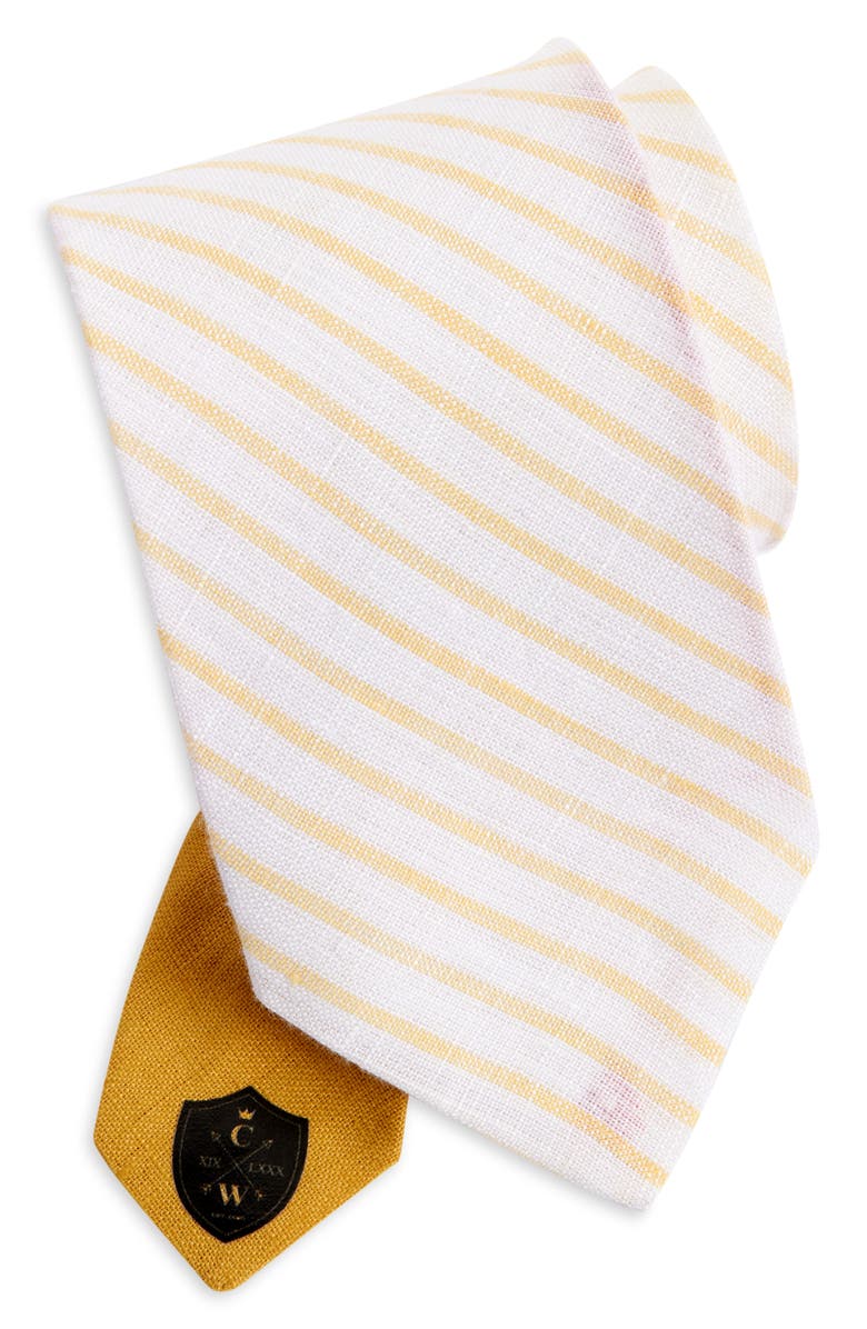 CLIFTON WILSON Gold & White Stripe Reversible Slub Linen Tie, Main, color,