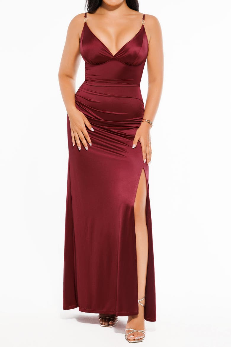 Shapewear Satin Deep-V Front Slit Maxi Date Night Shapewear Dress, Alternate, color, Burgundy