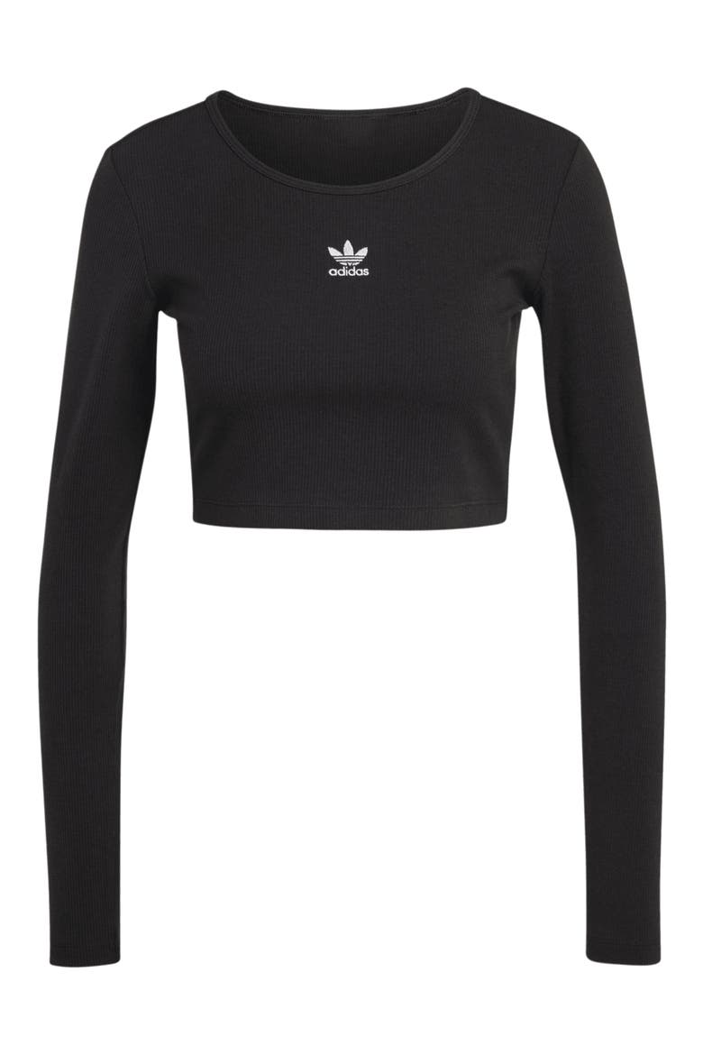 Trefoil Essentials Rib Long Sleeve Crop Top, Alternate, color, BLACK