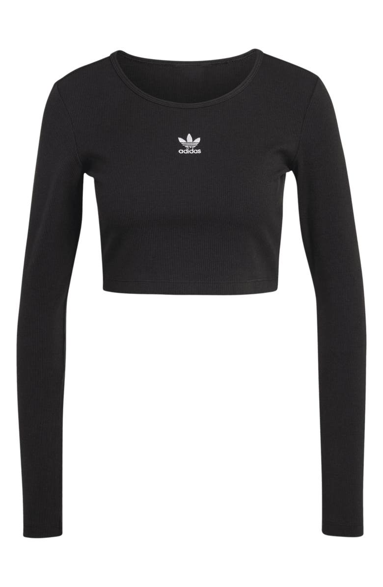 adidas Trefoil Essentials Rib Long Sleeve Crop Top, Alternate, color, Black