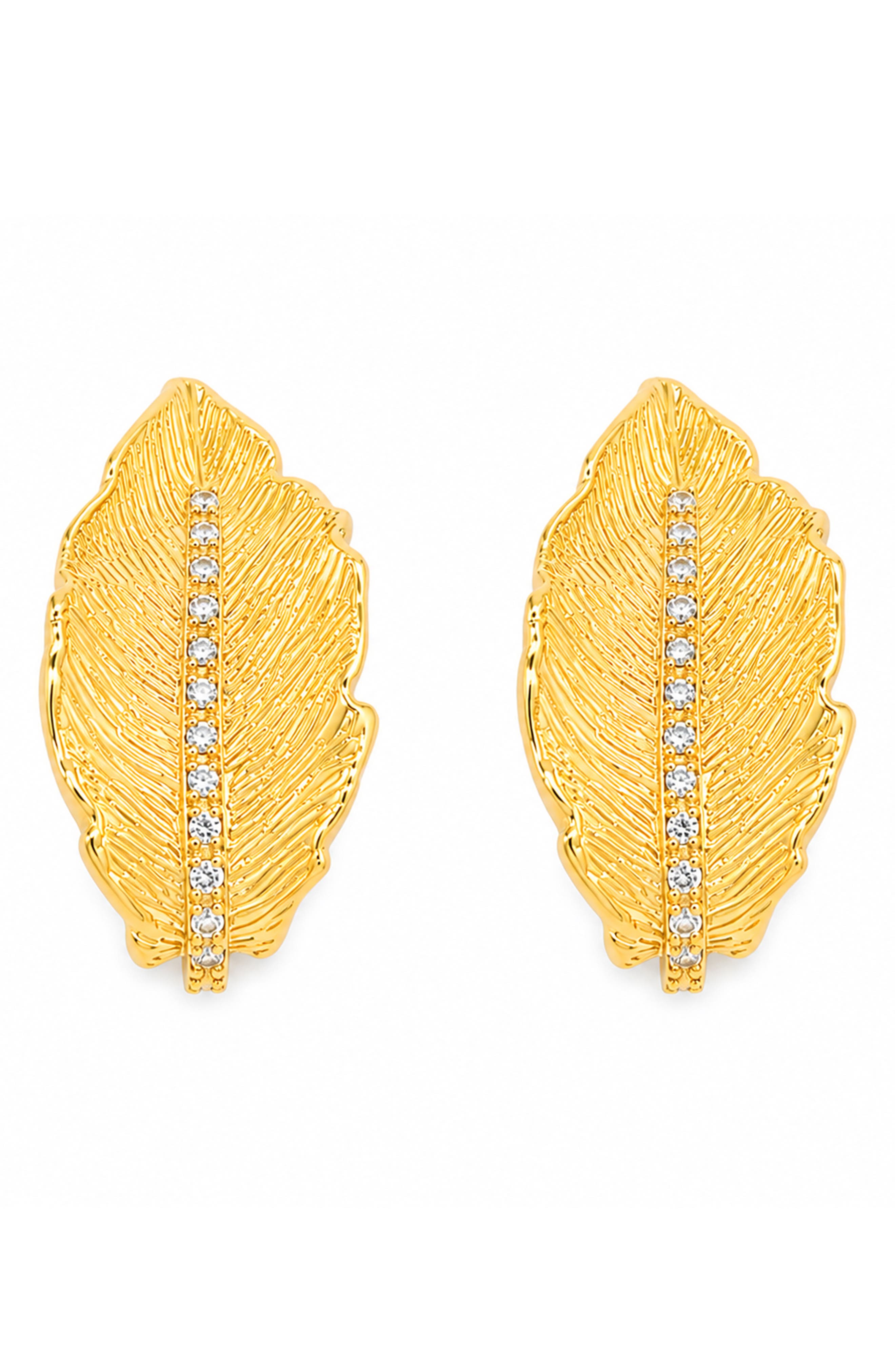 Golden Leaf Crystal Stud Earrings