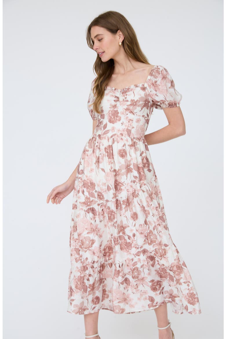 Floral Puff Sleeve Tiered Fit & Flare Midi Dress, Alternate, color, MAUVE
