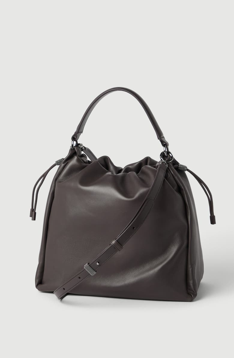 Brunello Cucinelli Soft leather Mellow Bucket bag, Alternate, color, Brown