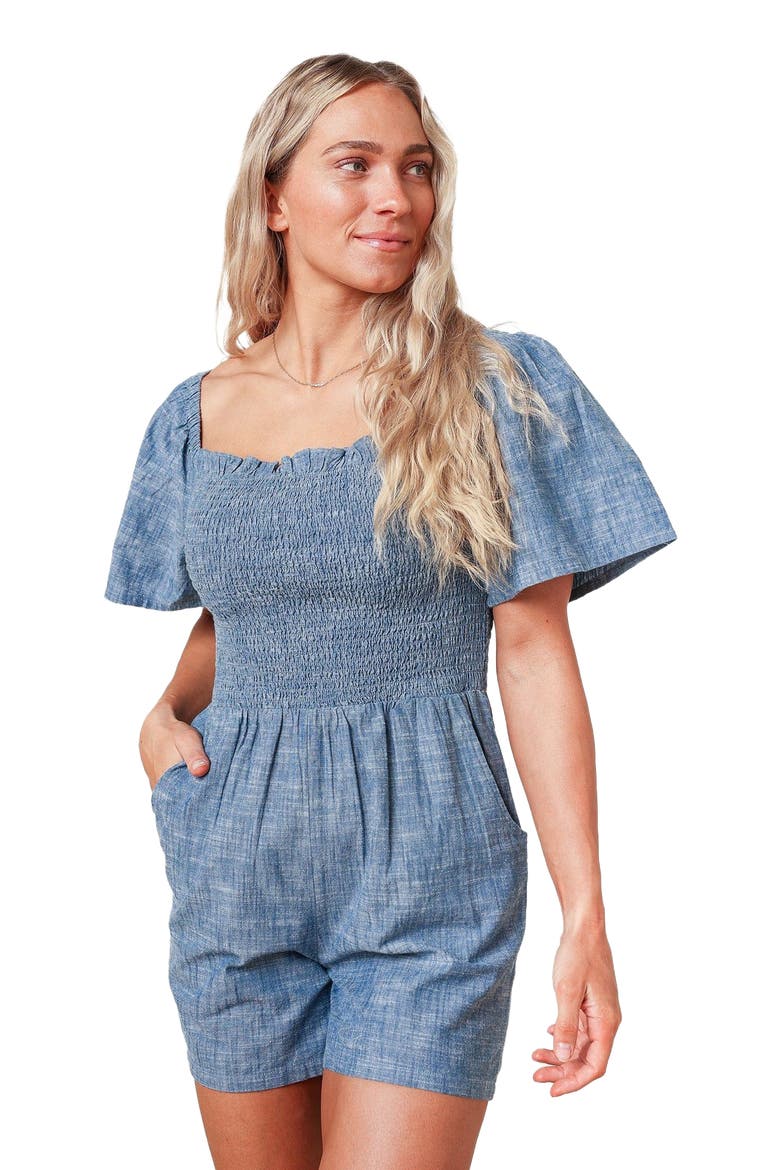 Women's Organic Smocked Chambray Romper, Alternate, color, Chambray