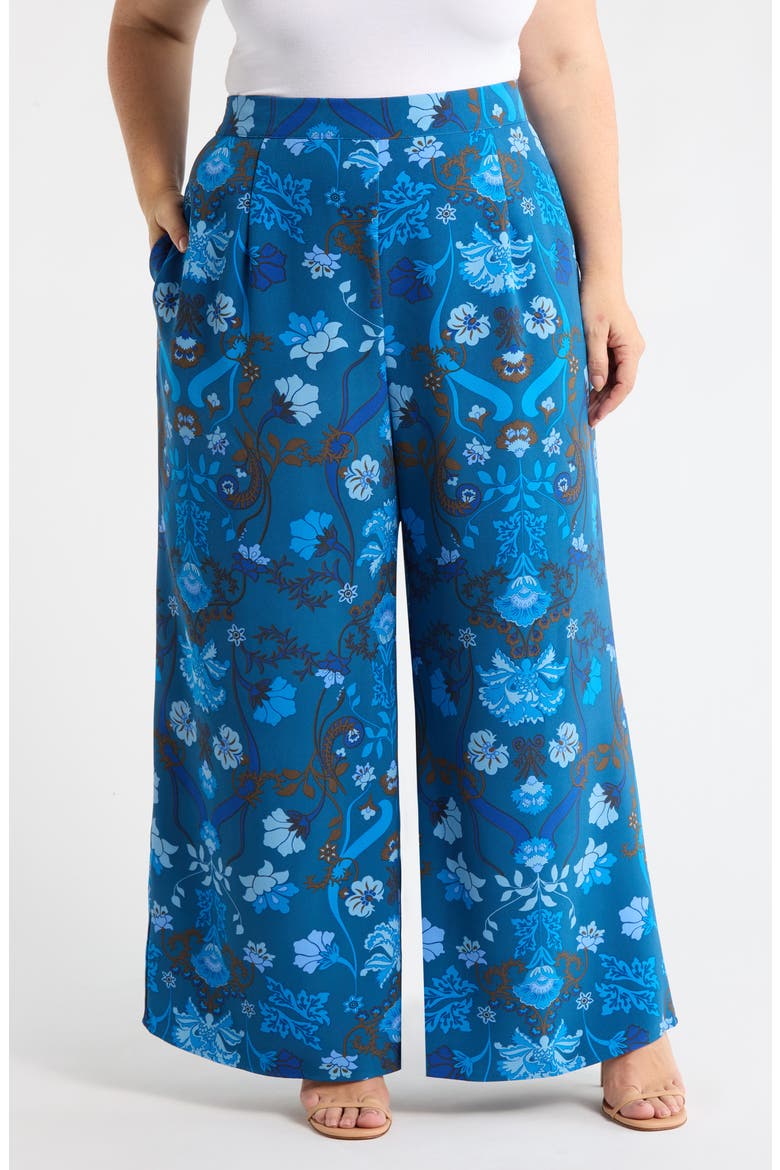 Palmate Pluma Floral Print Wide Leg Pants, Main, color, TEAL-BLUE