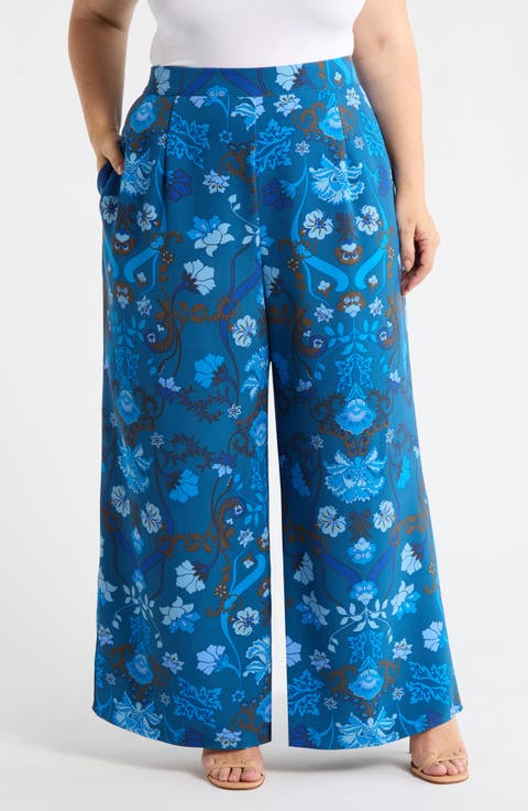 Palmate Pluma Floral Print Wide Leg Pants (Plus)