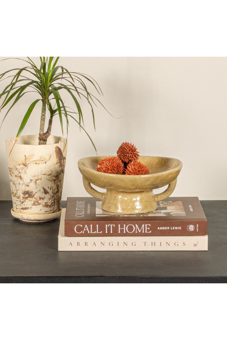Stoneware Footed Pedestal Bowl with Handles, Reactive Glaze, Taupe, Alternate, color, Taupe
