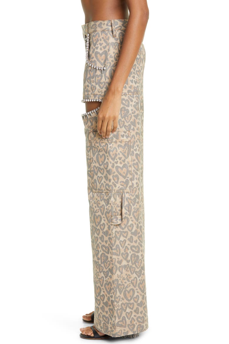 Heart Leopard Print Crystal Trim Cutout High Waist Wide Leg Jeans, Alternate, color, BROWN MULTI