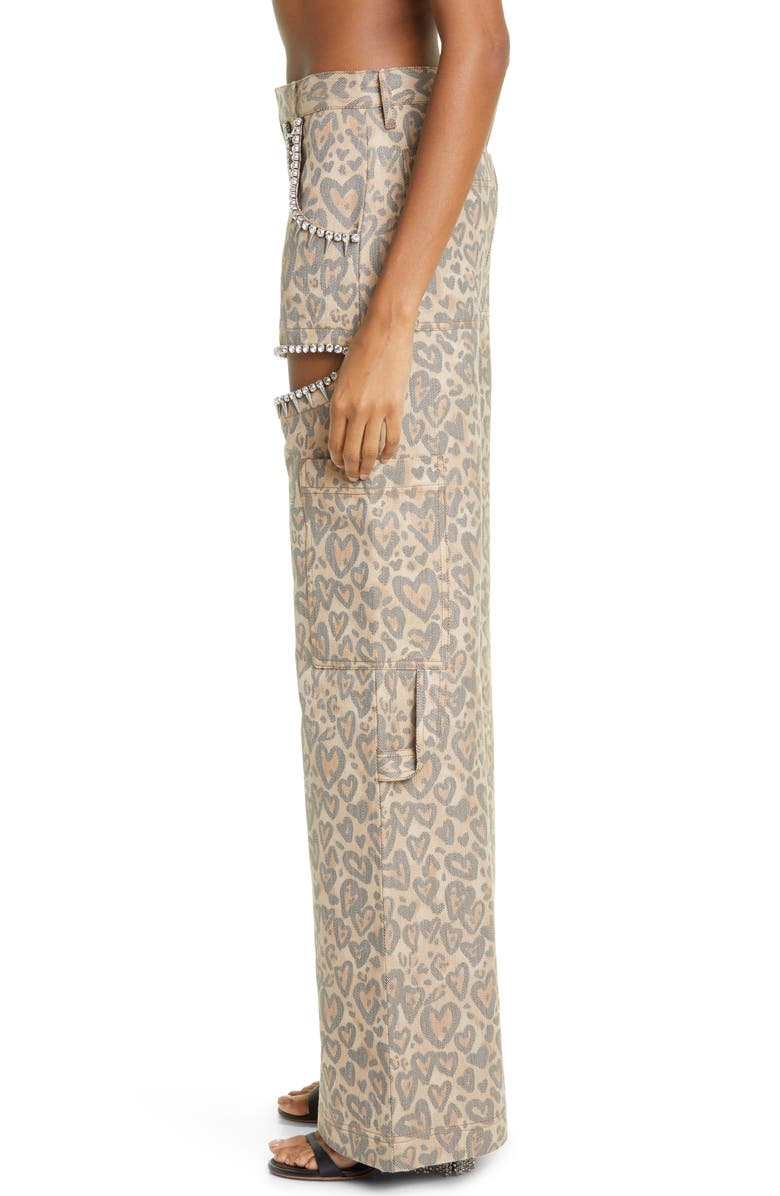 Area Heart Leopard Print Crystal Trim Cutout High Waist Wide Leg Jeans, Alternate, color,