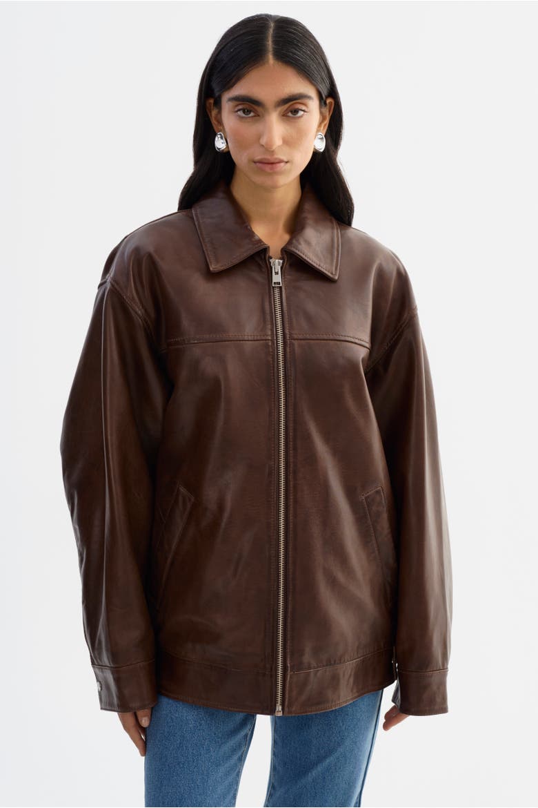 THEIA | Leather Bomber Jacket, Alternate, color, Dark Brown
