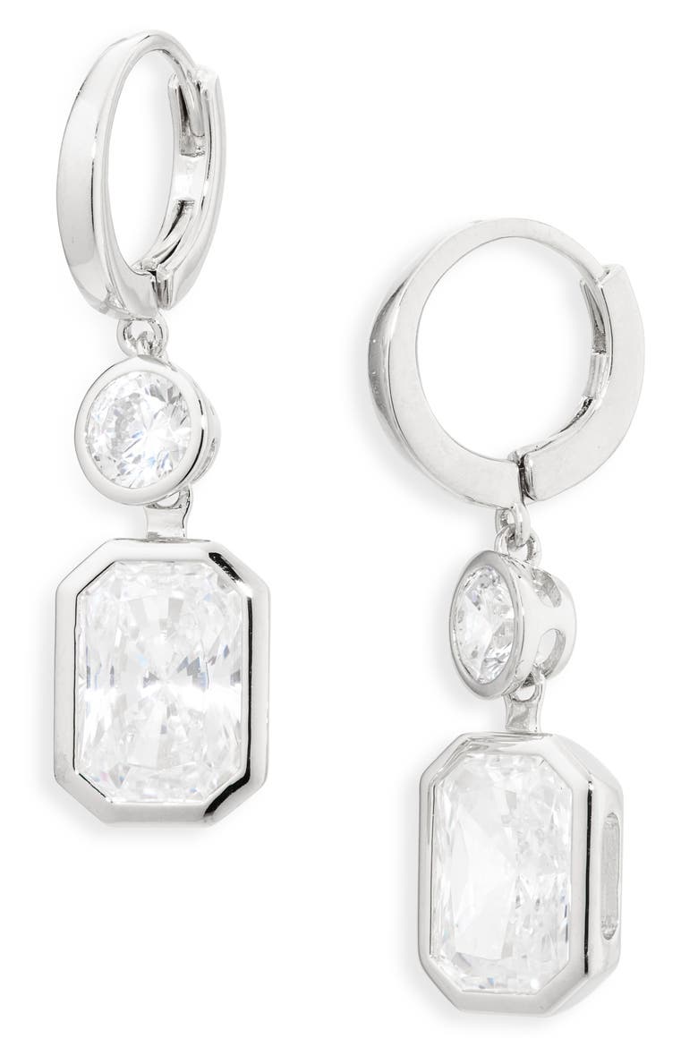 Brooklyn Cubic Zirconia Drop Hoop Earrings, Main, color, RHODIUM