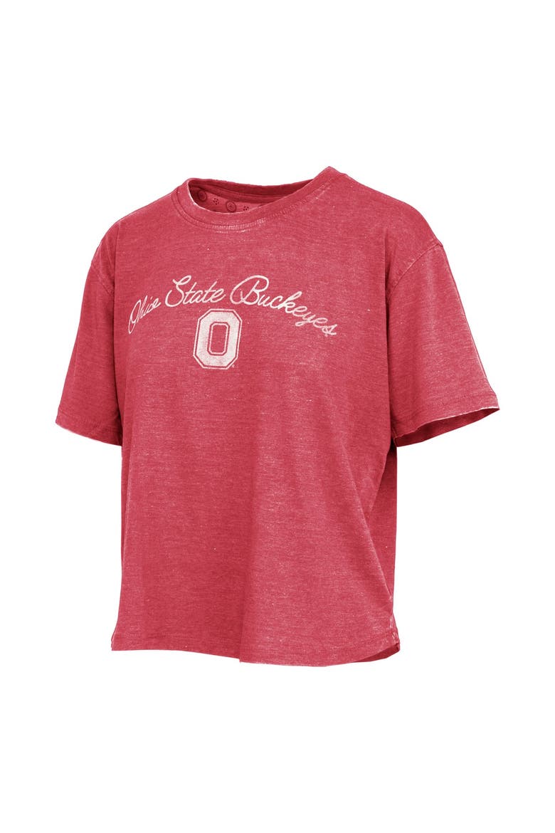 Women's Pressbox  Scarlet Ohio State Buckeyes Vintage Waist Length Script Over Logo T-Shirt, Alternate, color, Scarlet