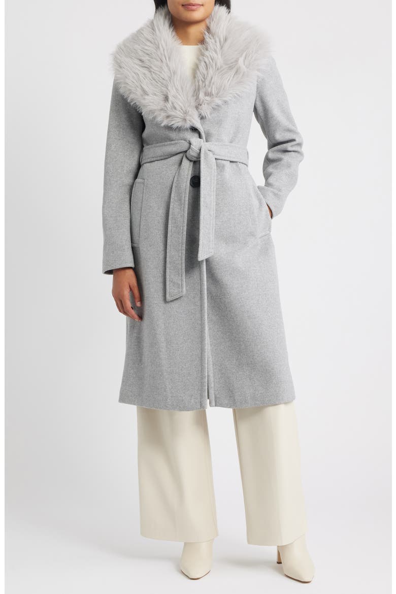 Belted Faux Fur Collared Coat, Main, color, FEATHER GREY