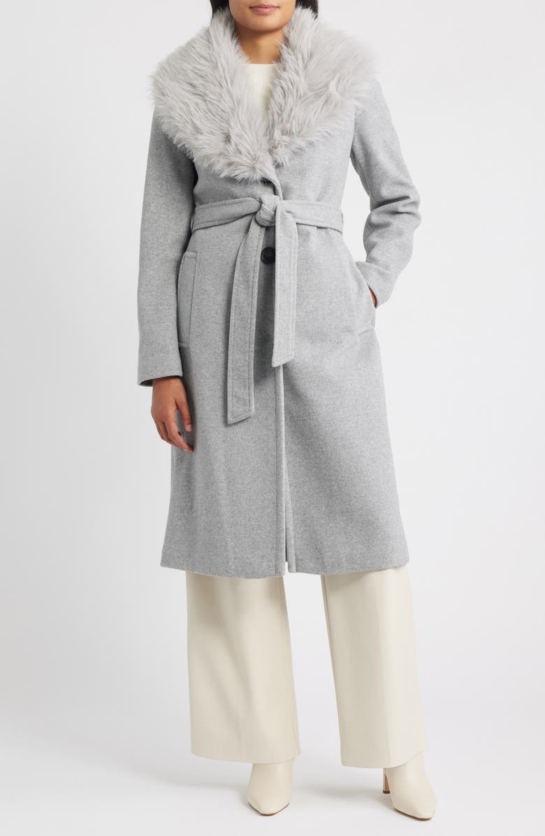 Sam Edelman Belted Faux Fur Collared Coat, Main, color, Feather Grey