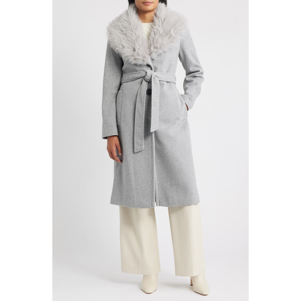 Sam Edelman Belted Faux Fur Collared Coat In Gray