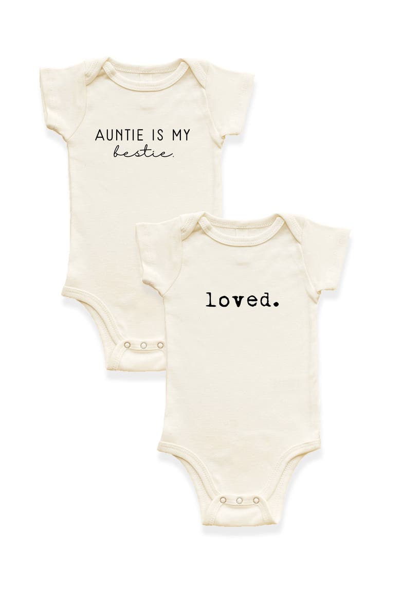 2 Pack Auntie Is My Bestie + Loved. Organic Cotton Baby Bodysuits, Main, color, Natural