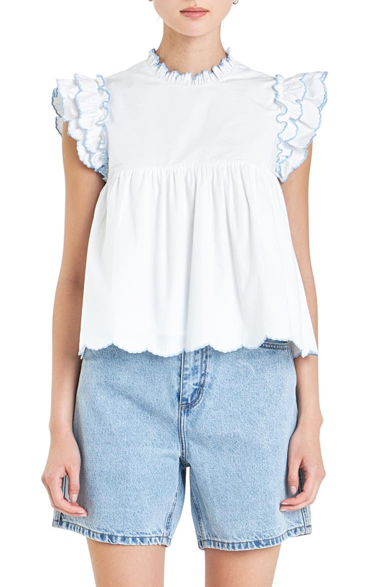 Scallop Ruffle Cotton Top, Main, color, WHITE