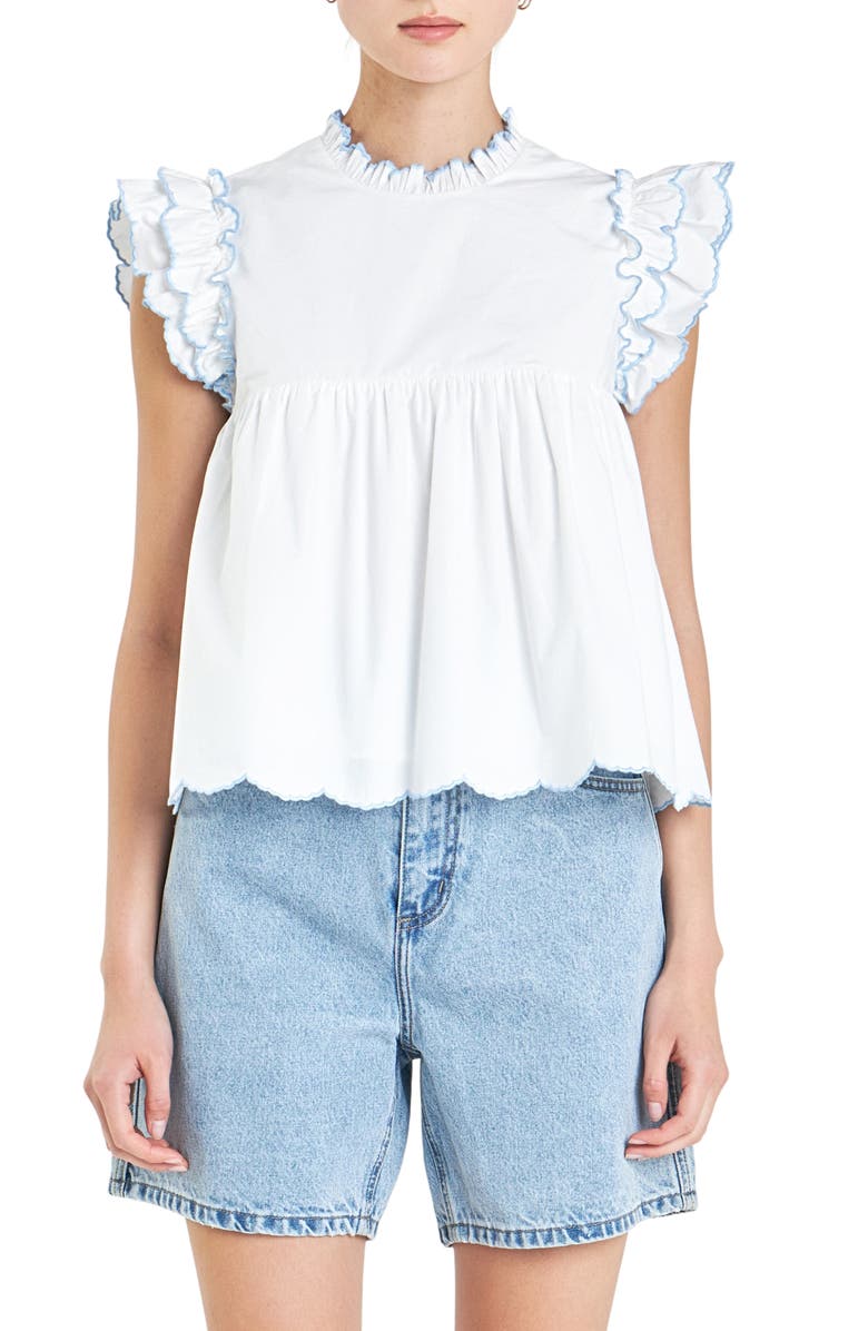 English Factory Scallop Ruffle Cotton Top, Main, color, White