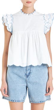 English Factory Scallop Ruffle Cotton Top