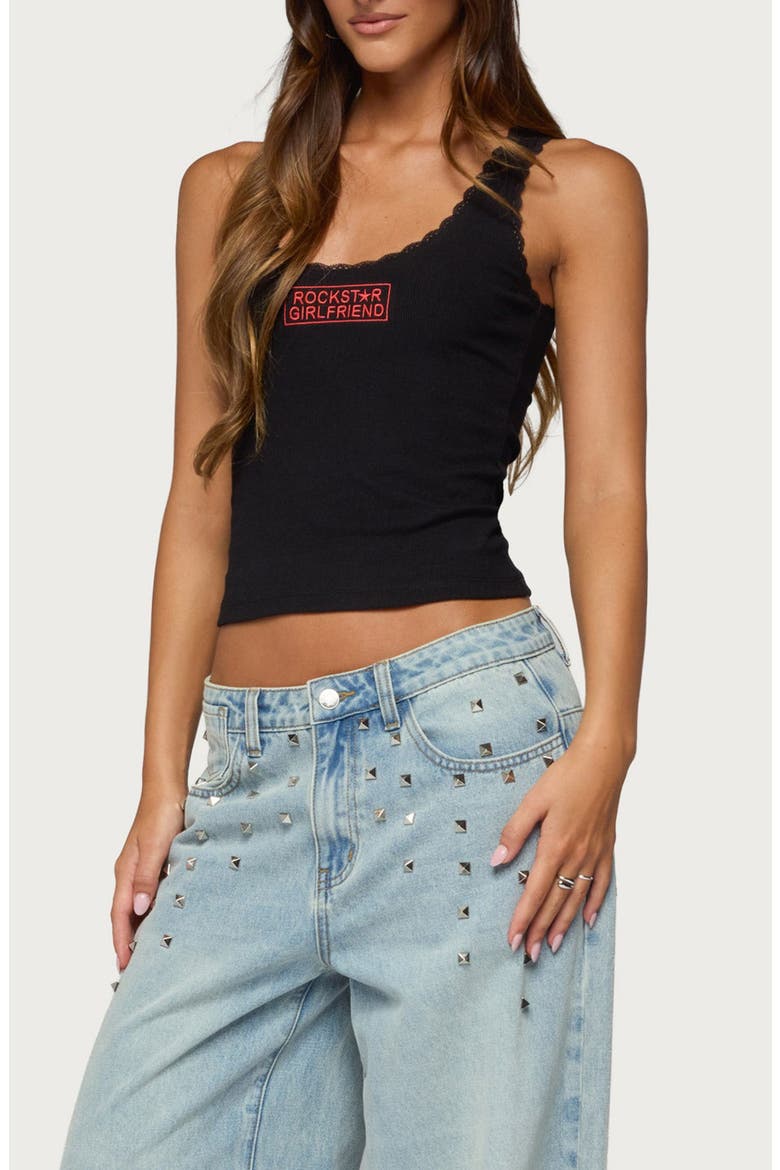 Rockstar Girlfriend Lace Trim Tank, Alternate, color, BLACK