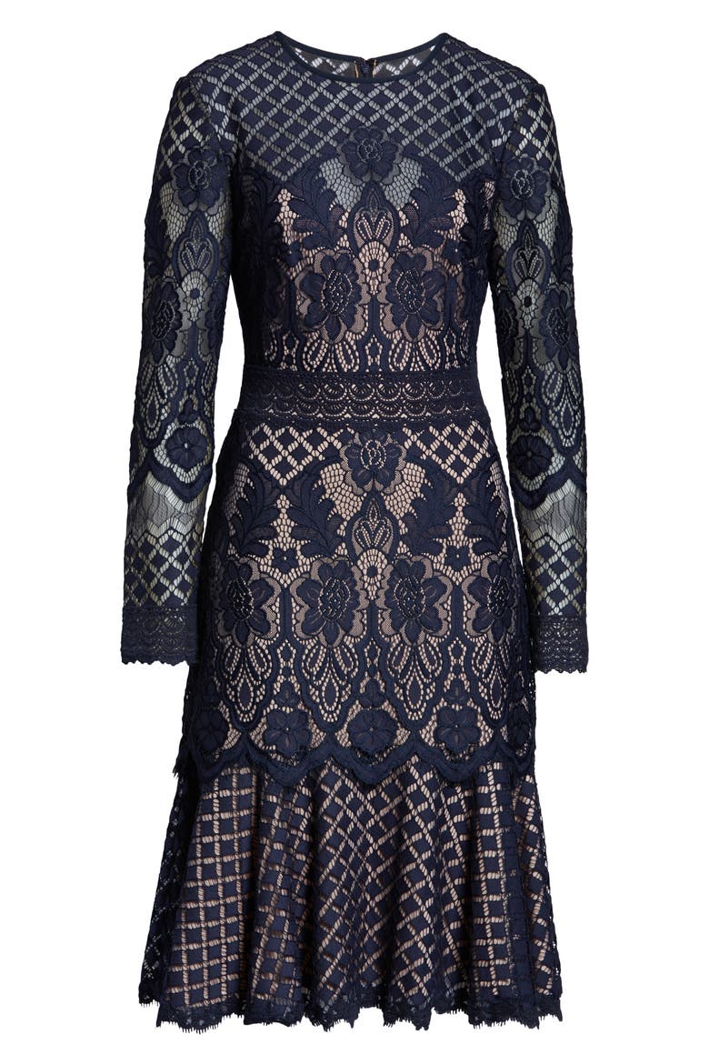 Long Sleeve Lace Cocktail Dress, Alternate, color, NAVY/ PETAL