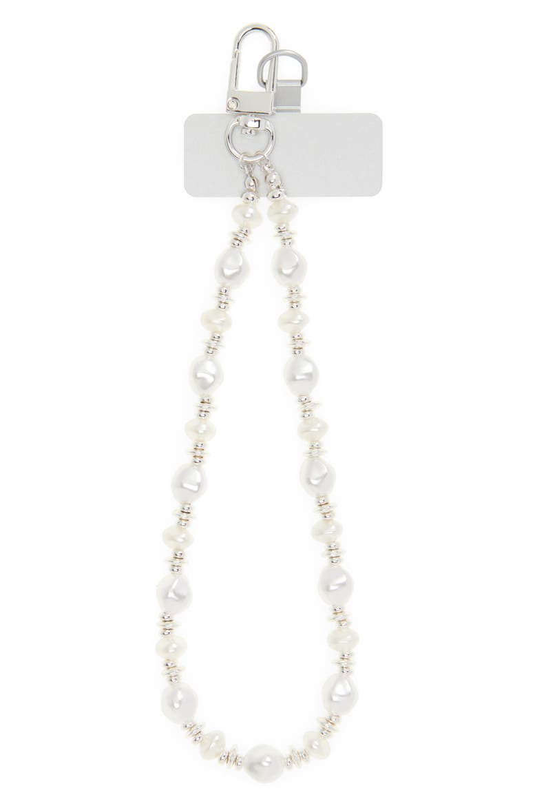 Faux Pearl Beaded Phone Wrist Strap, Main, color, WHITE- SILVER