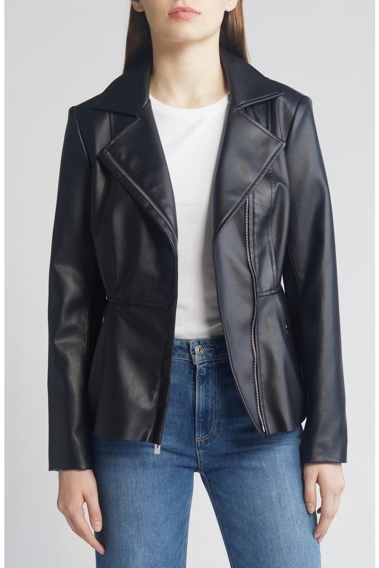 Peplum Faux Leather Jacket, Alternate, color, BLACK