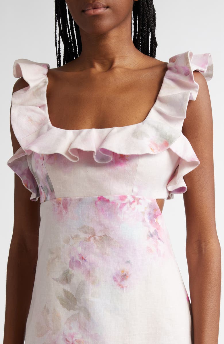 Zimmermann Print Ruffle Cutout Linen Minidress, Alternate, color, Pink Floral